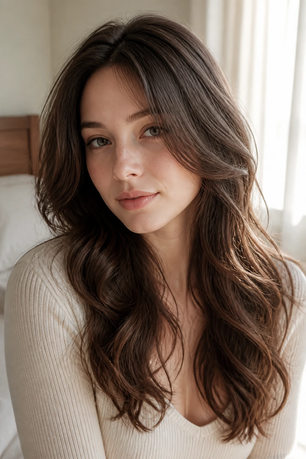 Portrait of a woman with soft curls and long layers on pale skin in natural light