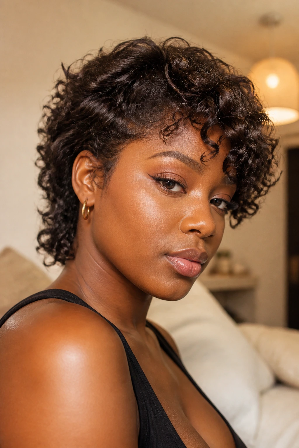 Close-up portrait of a person wearing a soft curly mullet