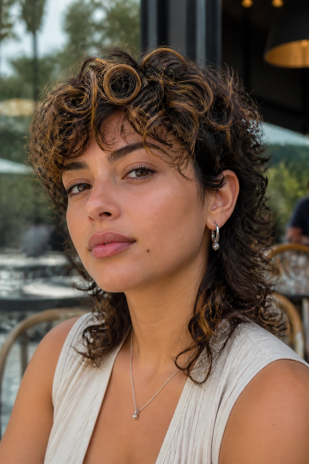 Real woman with soft curly mullet and honey brown streaks in natural light.