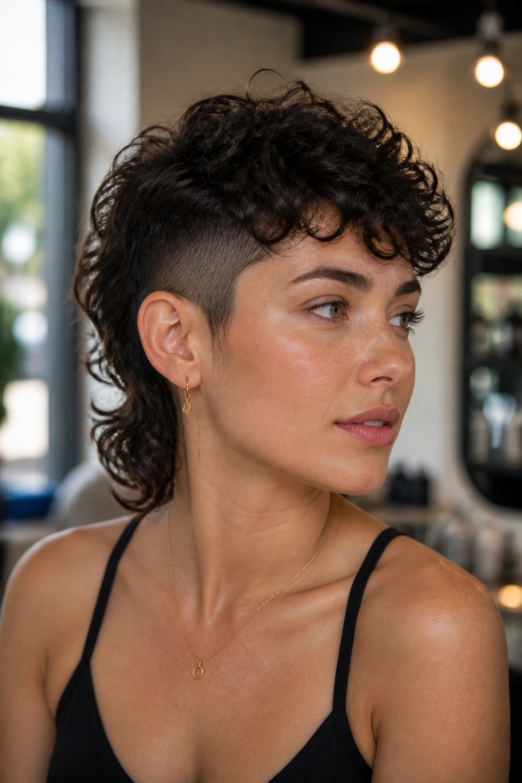 Close-up of a real woman with a soft curly mullet pixie hairstyle in a salon