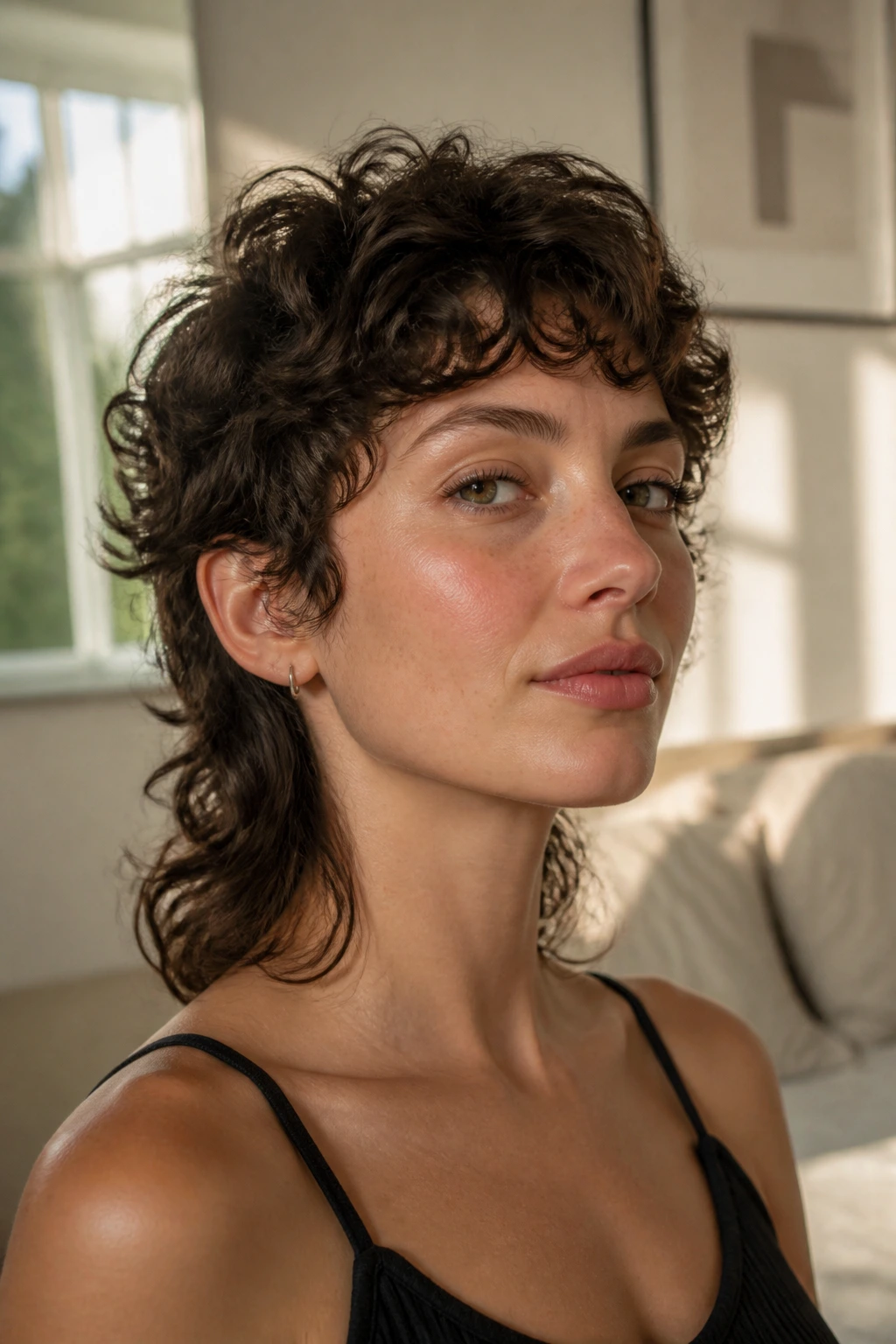 Close-up portrait of a real woman with a soft curly mullet and short crown in natural window light