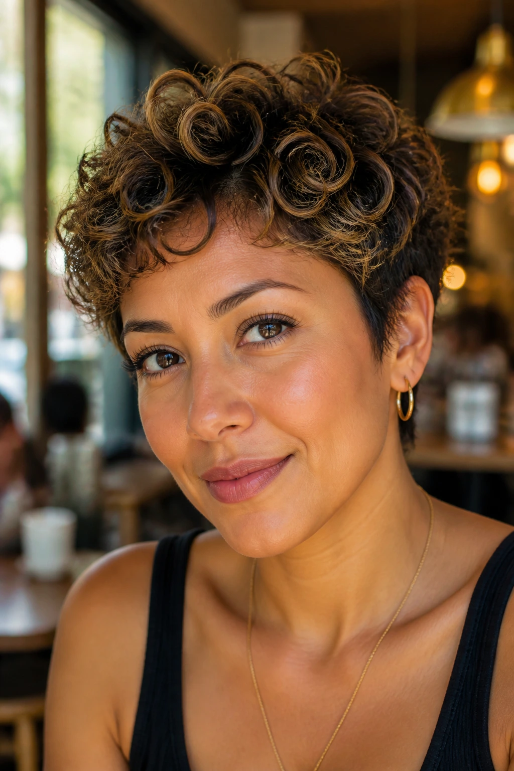 Real woman with soft curly pixie and crown lift, caramel highlights