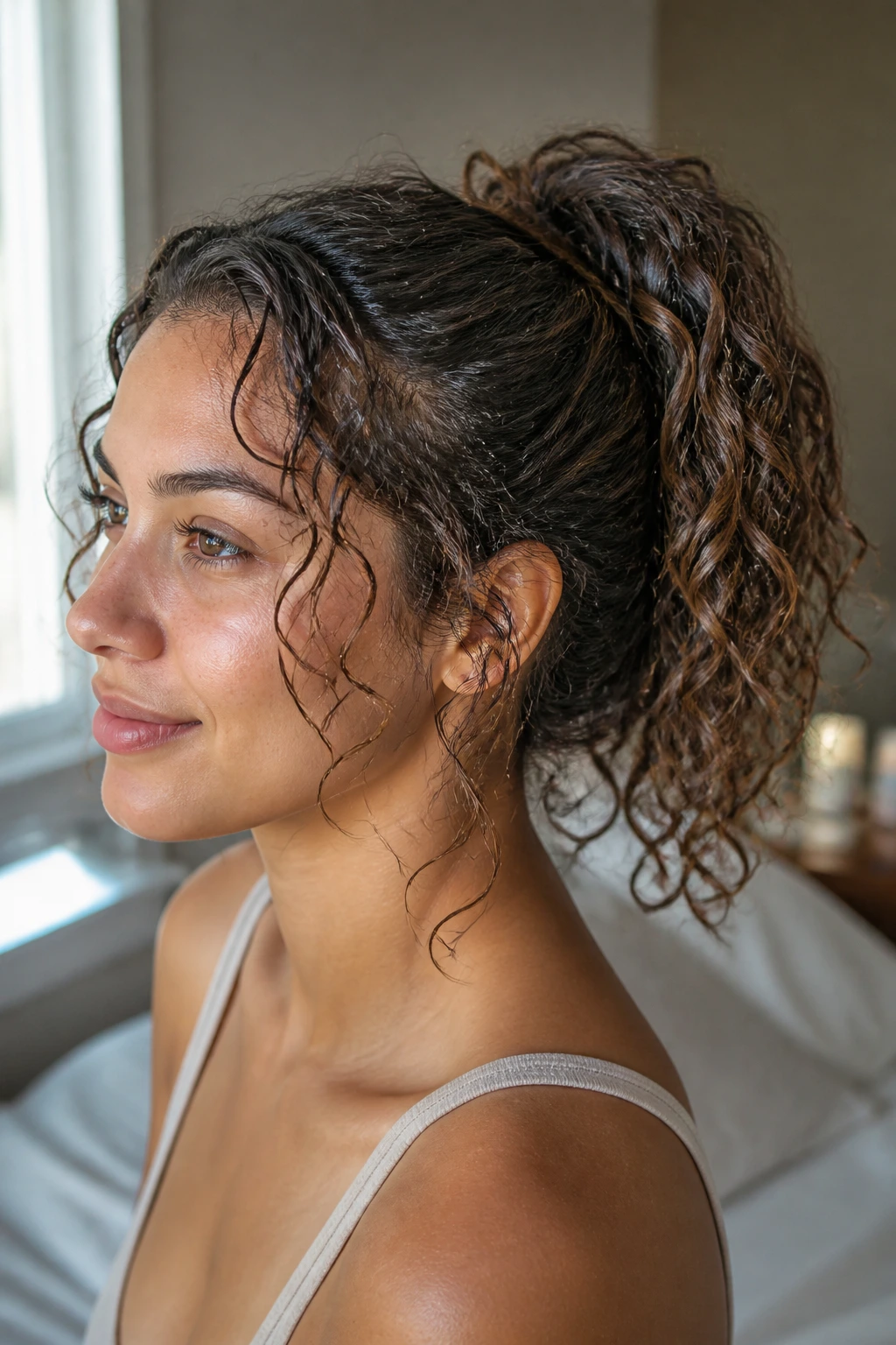 Close-up of a real woman with curly hair in a ponytail enhanced by curl cream
