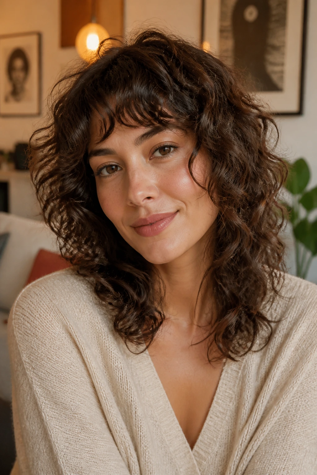 Close-up of a woman with a soft curly shag hairstyle