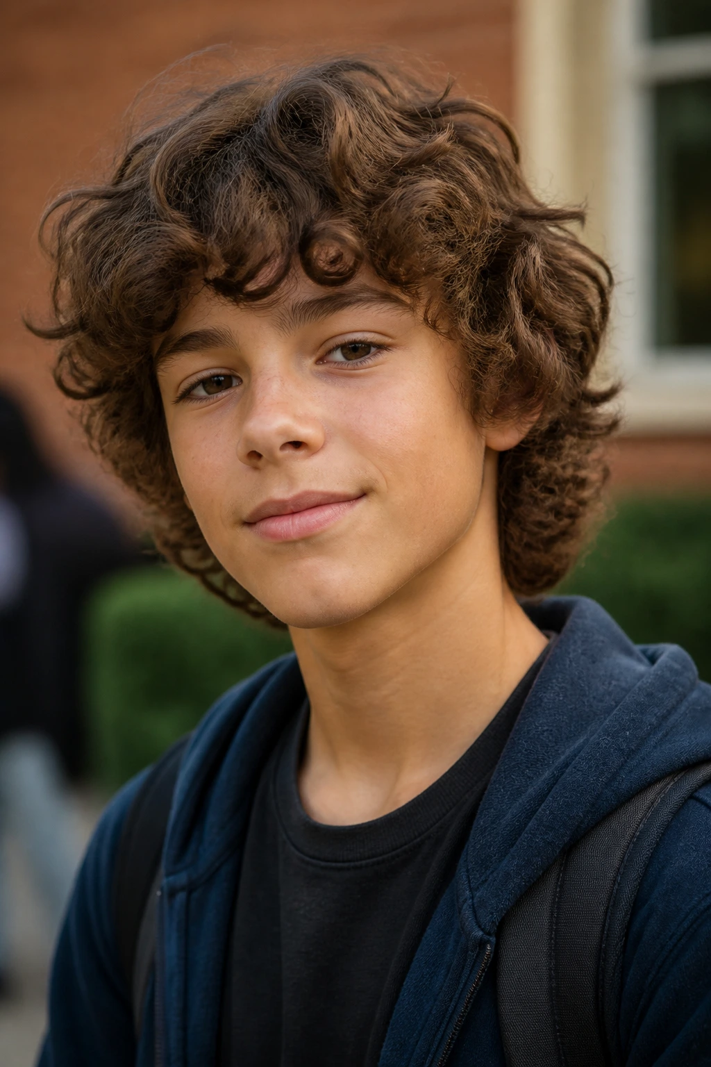 Portrait of a real boy with soft curly shag in a school courtyard.