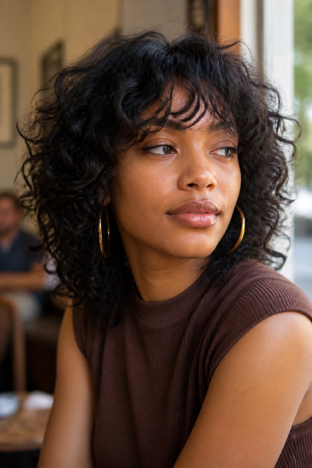 Close-up of soft curly shag with airy bangs on a real woman