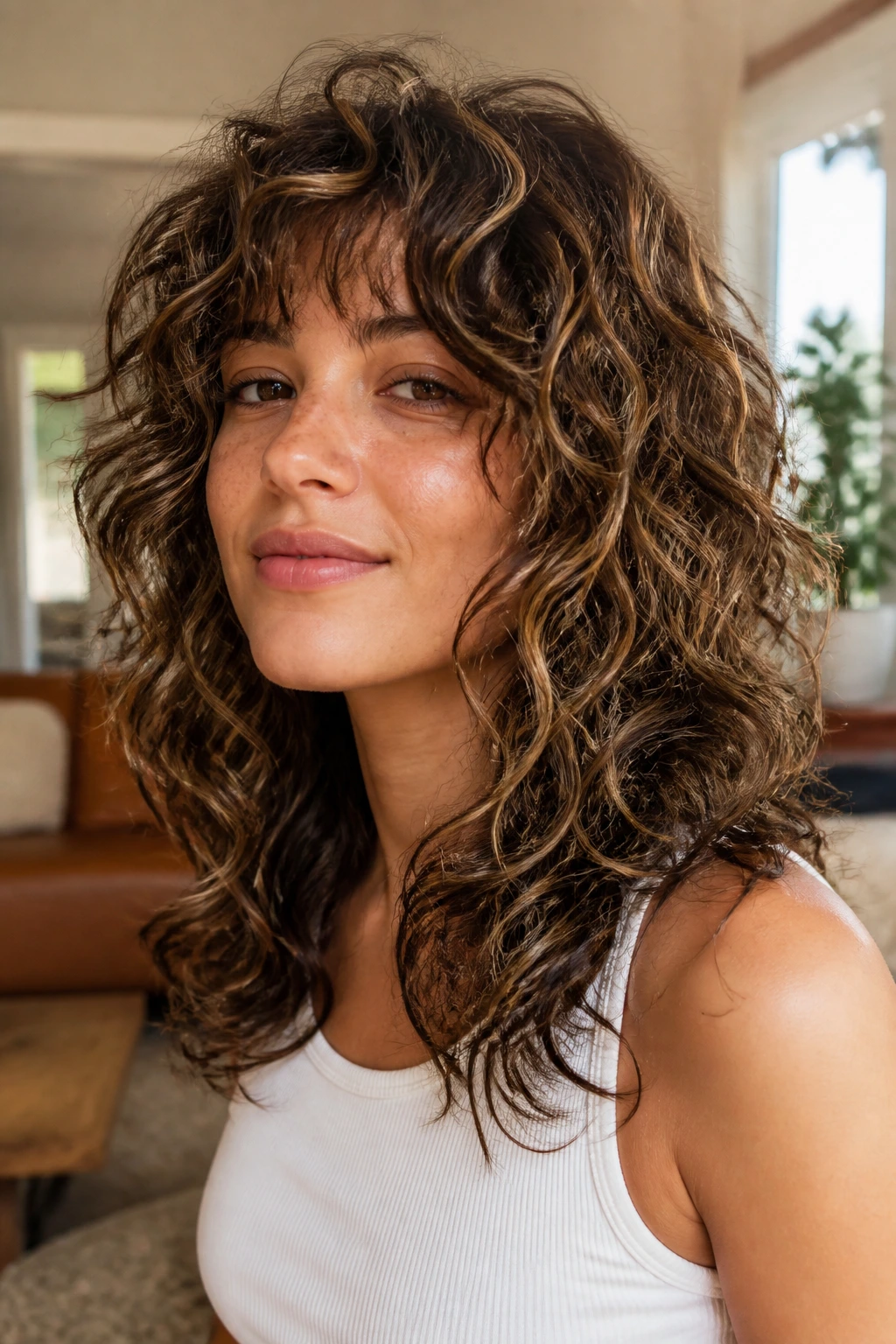 Portrait of soft curly shag with ribbon babylights through layers