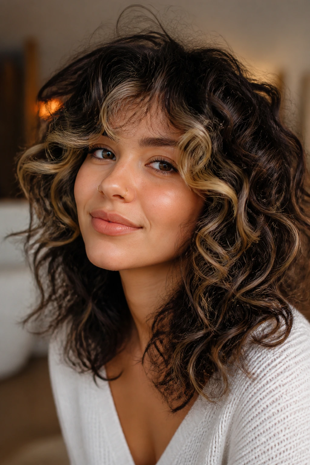 Close-up of a curly shag with a buttery face frame on a real person