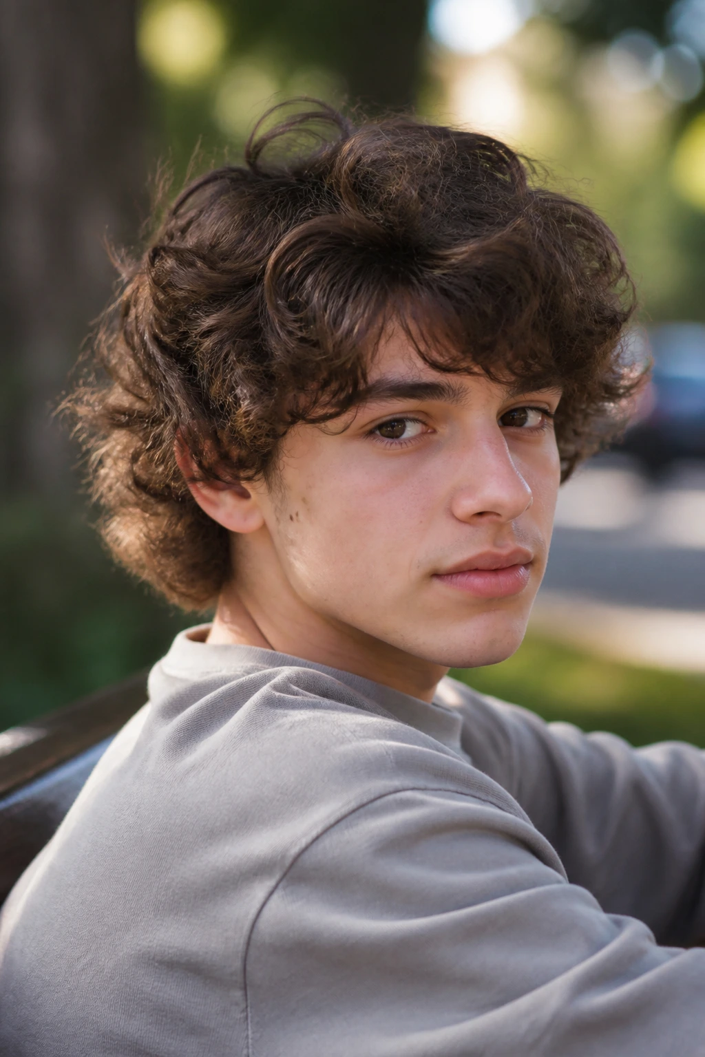 Close-up portrait of a boy with soft curly shag and layered ends in outdoor daylight