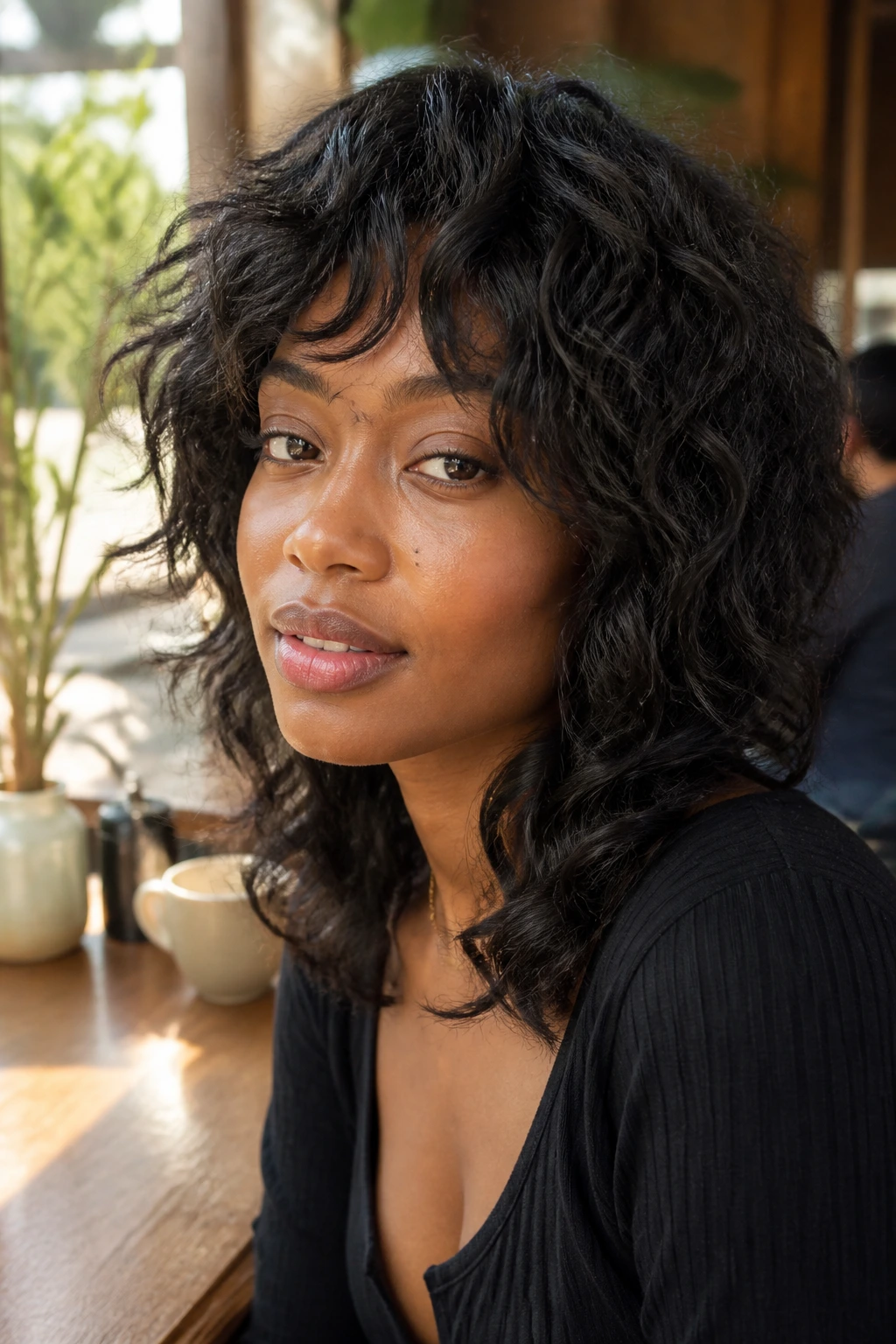 Close-up of a Black woman with soft curly shag and cheekbone-length layers