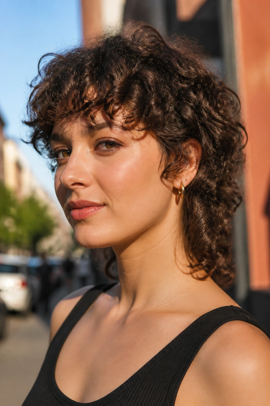 Close-up portrait of a real woman with a soft curly shullet hairstyle.