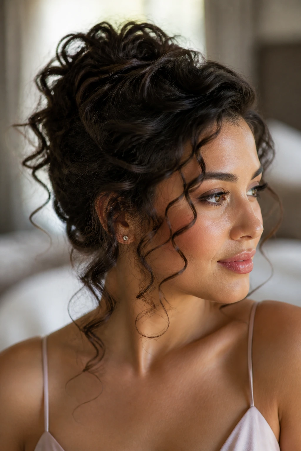 Close-up of a real woman with a soft curly updo and tendrils around the face.