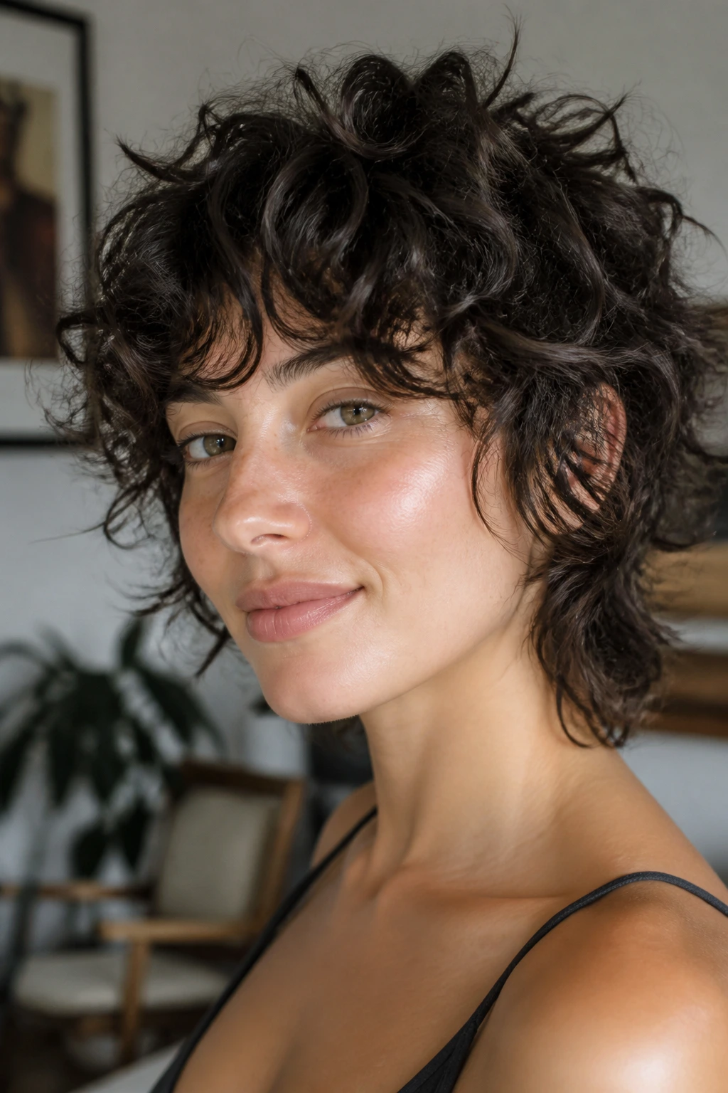 Close-up of a real woman with a soft curly wolf cut