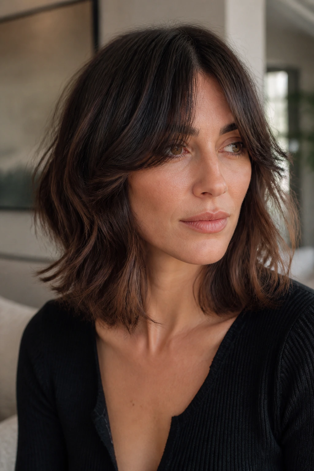 Portrait of a woman with soft curtain-bang lob and gentle waves
