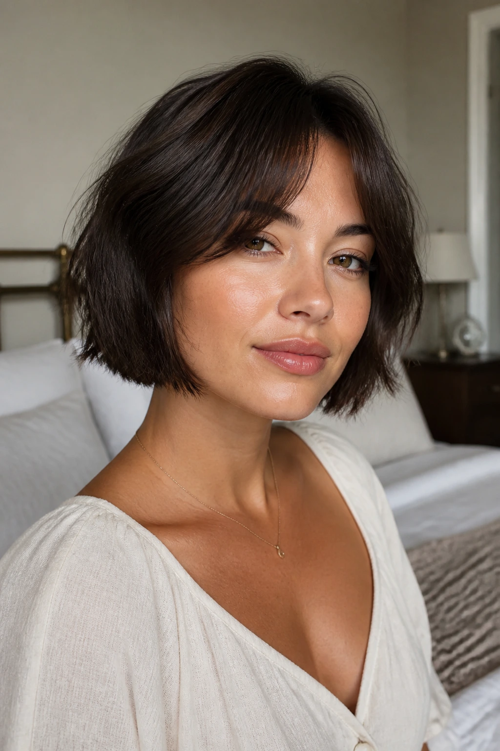Close-up portrait of a real woman with a chin-length bob and soft curtain bangs under warm indoor light.
