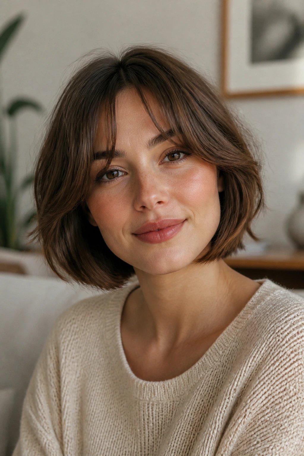 Close-up of a woman with a soft curtain bang bob and center-parted fringe.