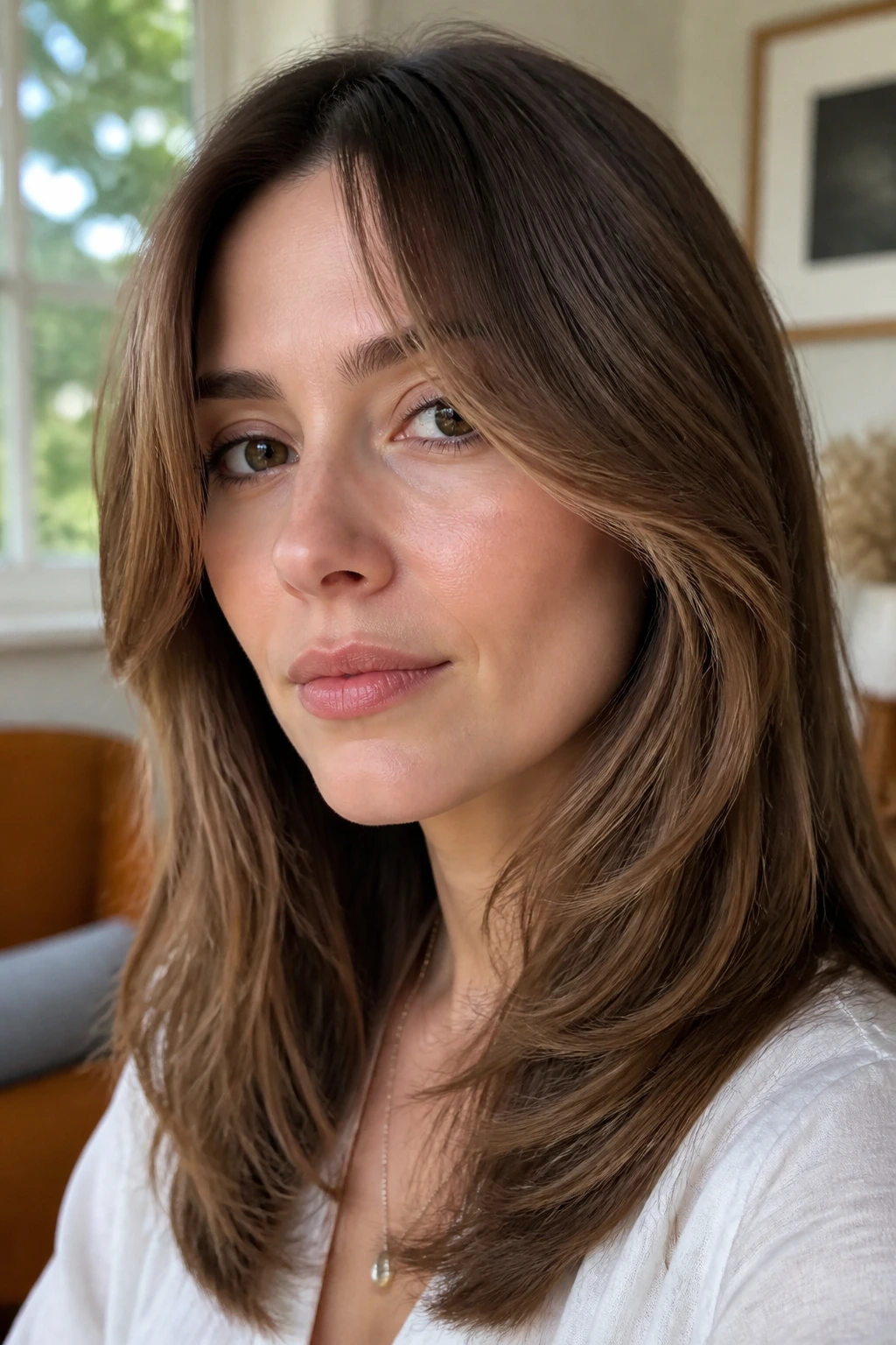 Close-up of soft curtain bangs with cheekbone-length layers on a real woman
