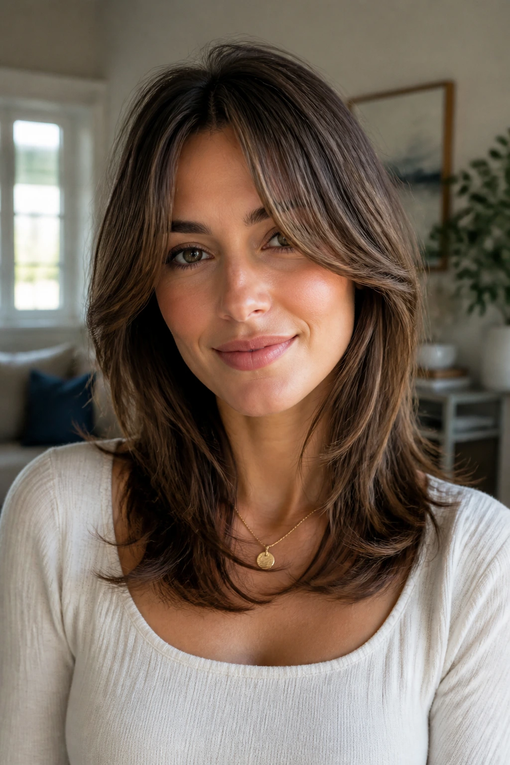 Real woman with soft curtain bangs and collarbone-length layers in warm indoor light