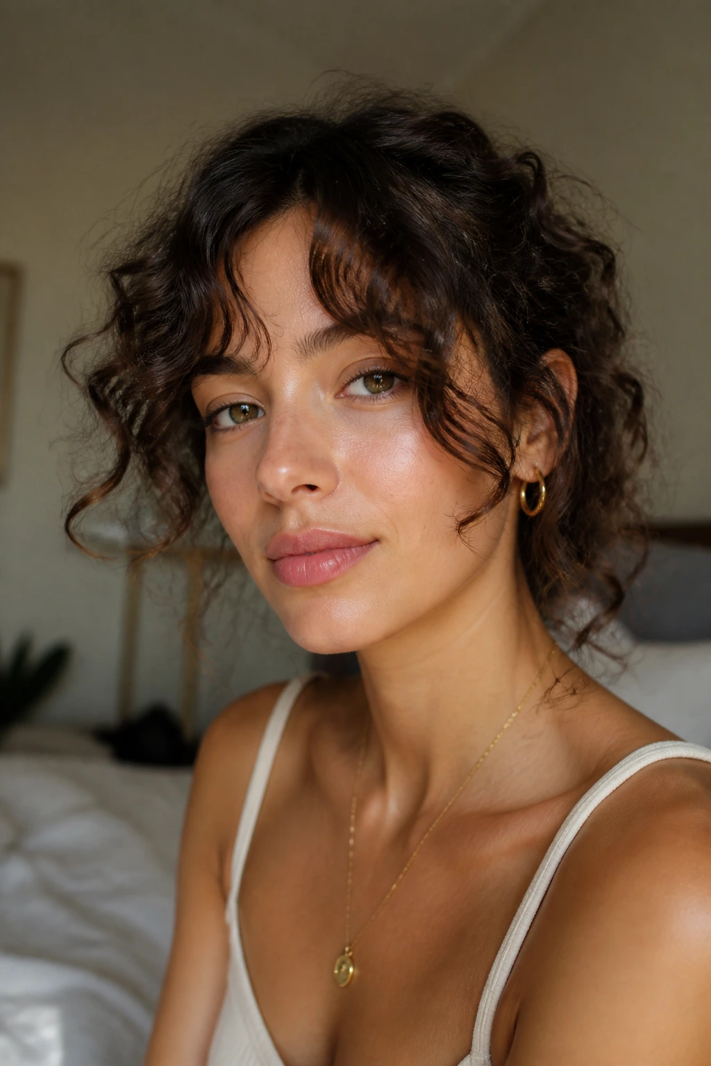 Close-up of soft curtain bangs grazing cheeks on a curly-haired woman