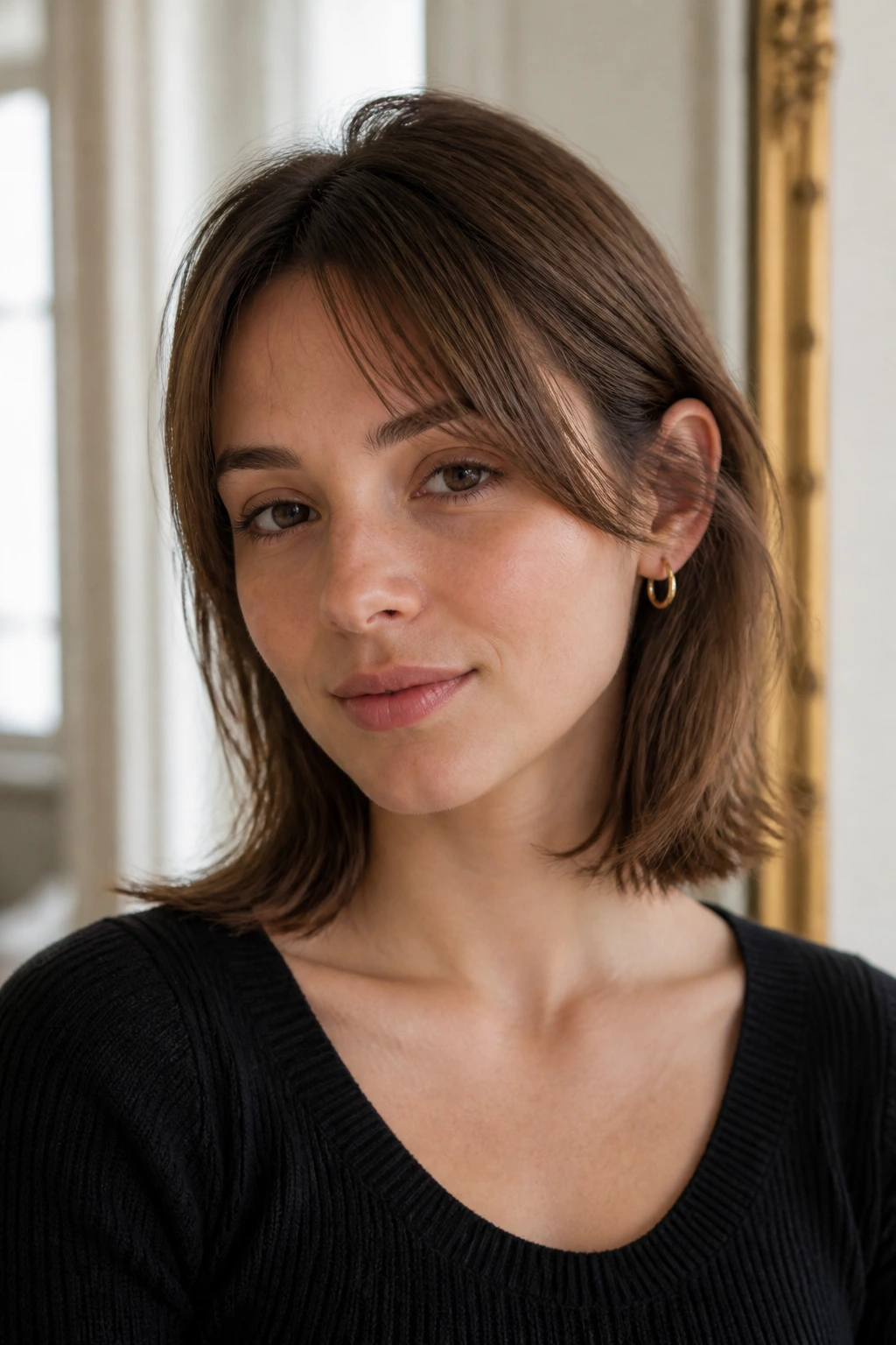 Girl with soft curtain bangs and tucked lob hairstyle.