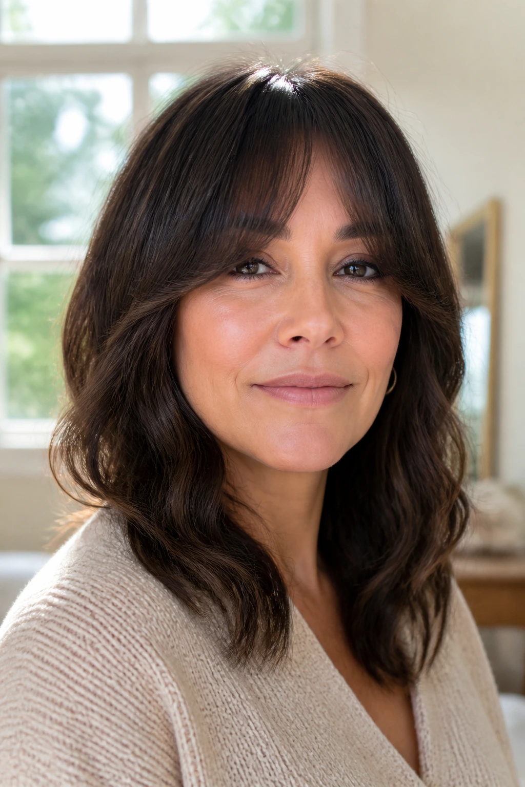 Close-up of a woman with soft curtain bangs and loose waves in a shoulder-length sew-in