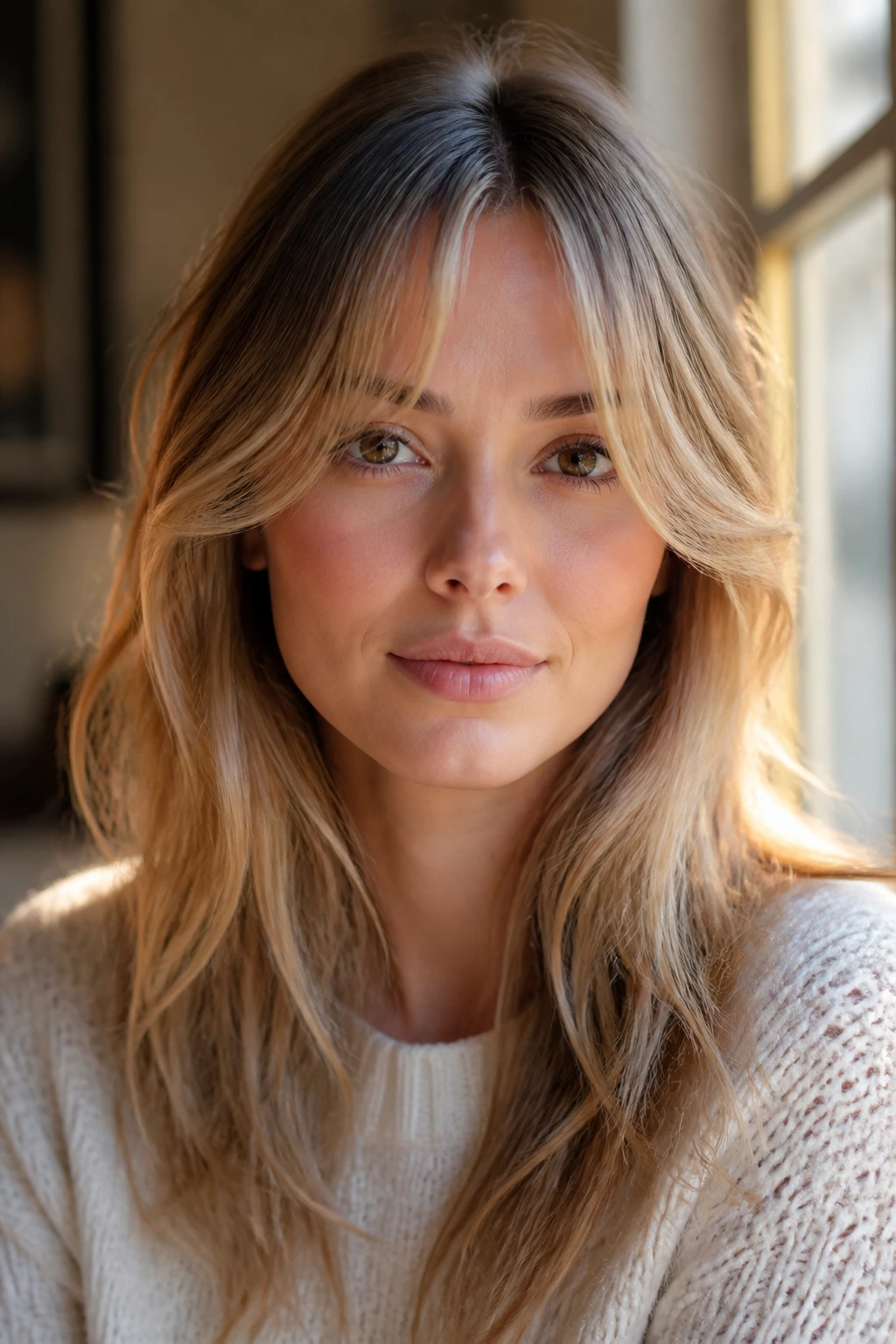 Portrait of a woman with soft curtain feathered bangs by a window