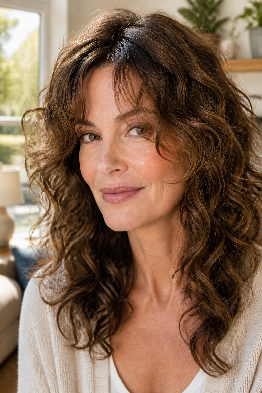 Close-up of a woman with soft curtain bangs split at the cheeks in natural light