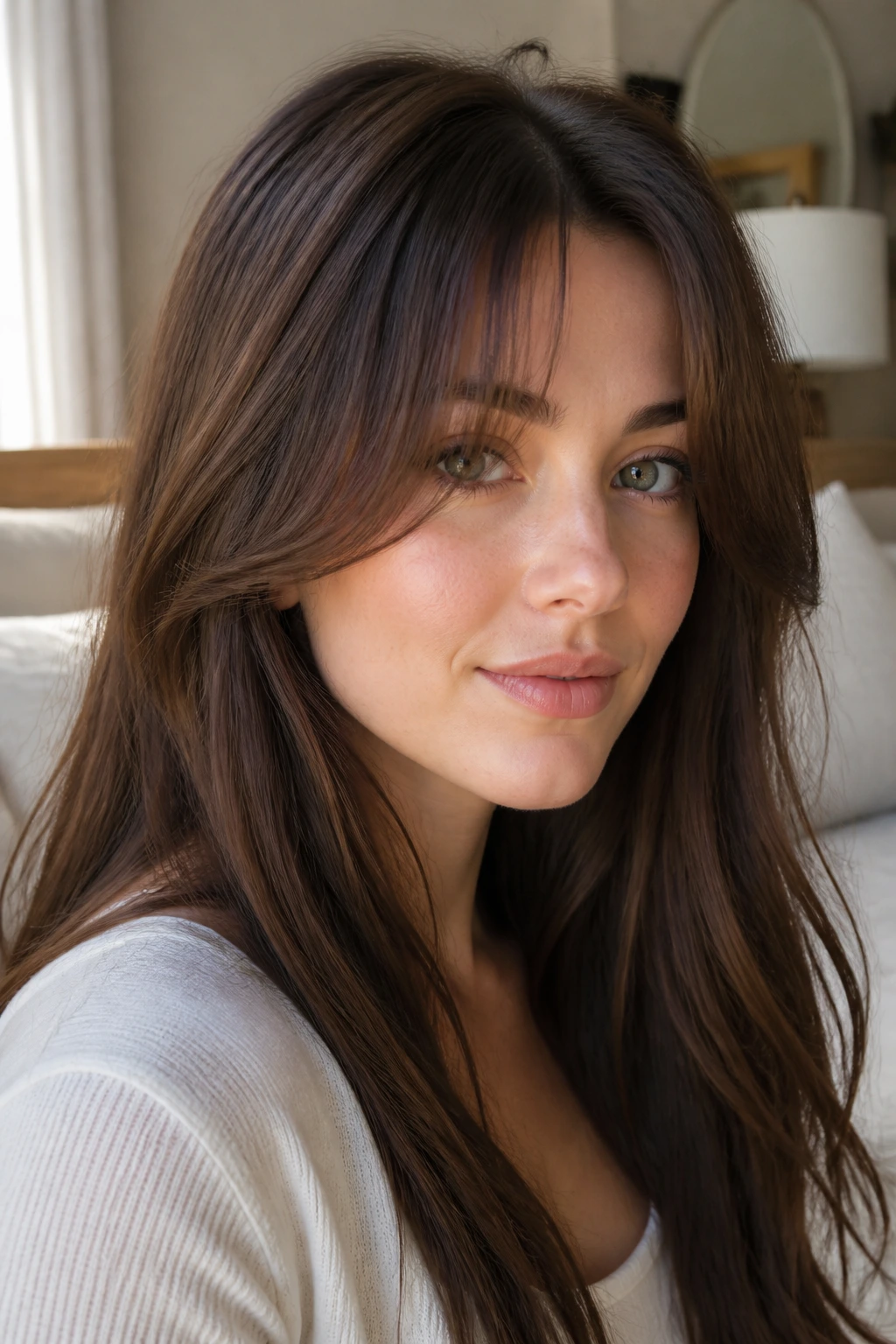Portrait highlighting soft curtain bangs framing the forehead