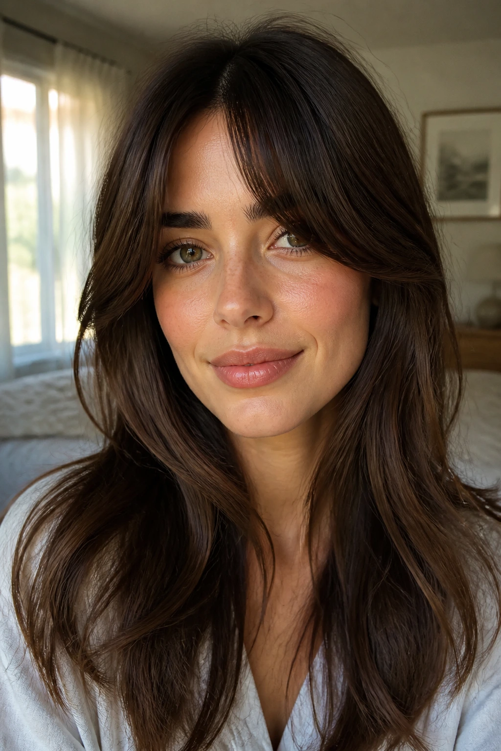Close-up of a person with soft curtain bangs framing the cheeks