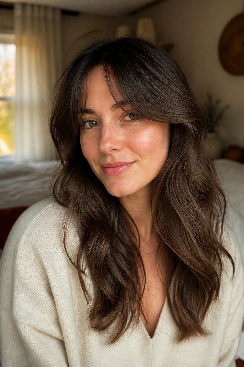 Portrait of a real woman with soft curtain bangs in natural light