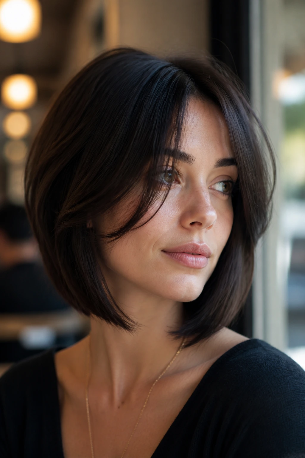 Real woman with soft curtain bangs framing the face at cafe window