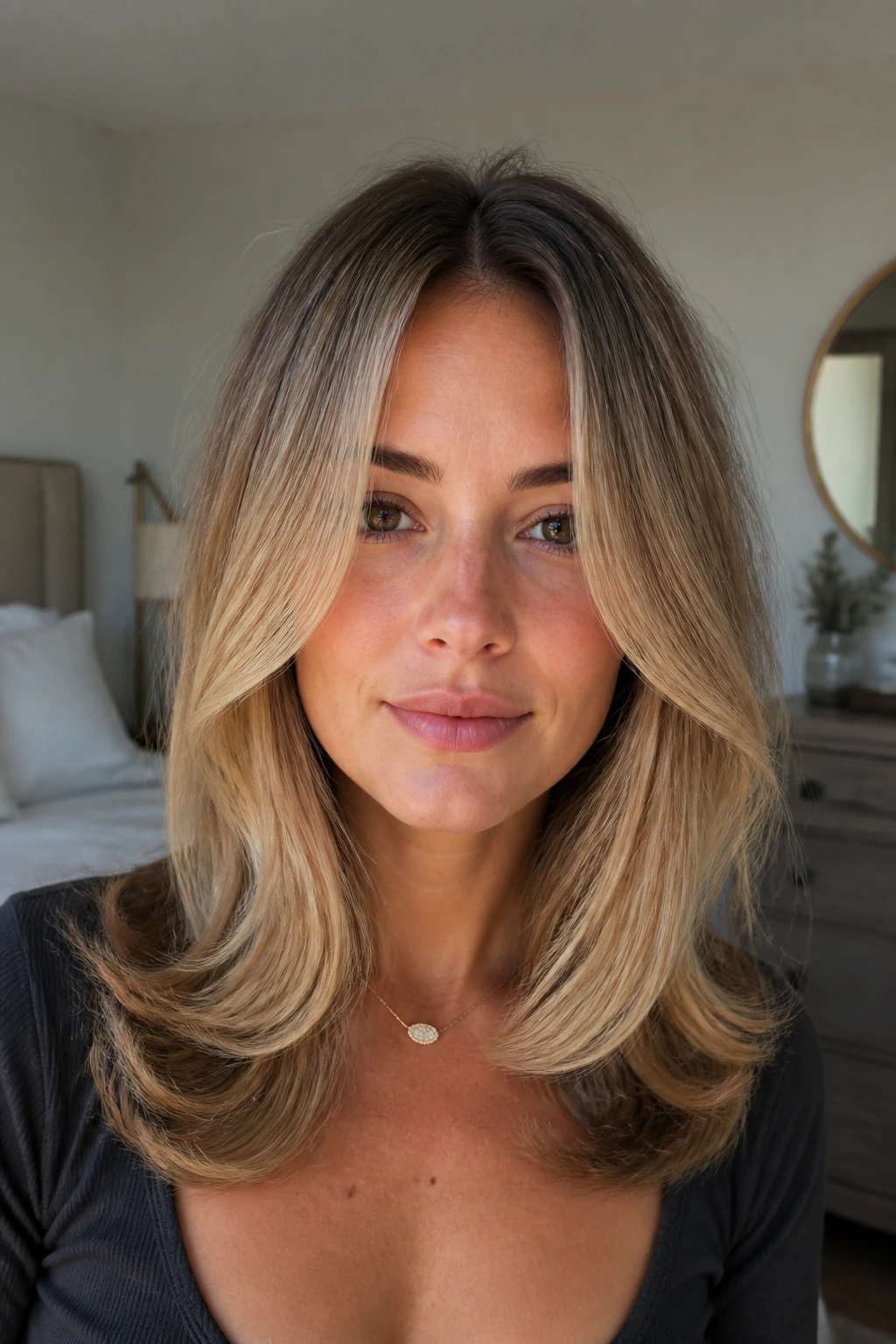 Close-up of a real woman with soft curtain blowout hairstyle, airy crown and face-framing layers.