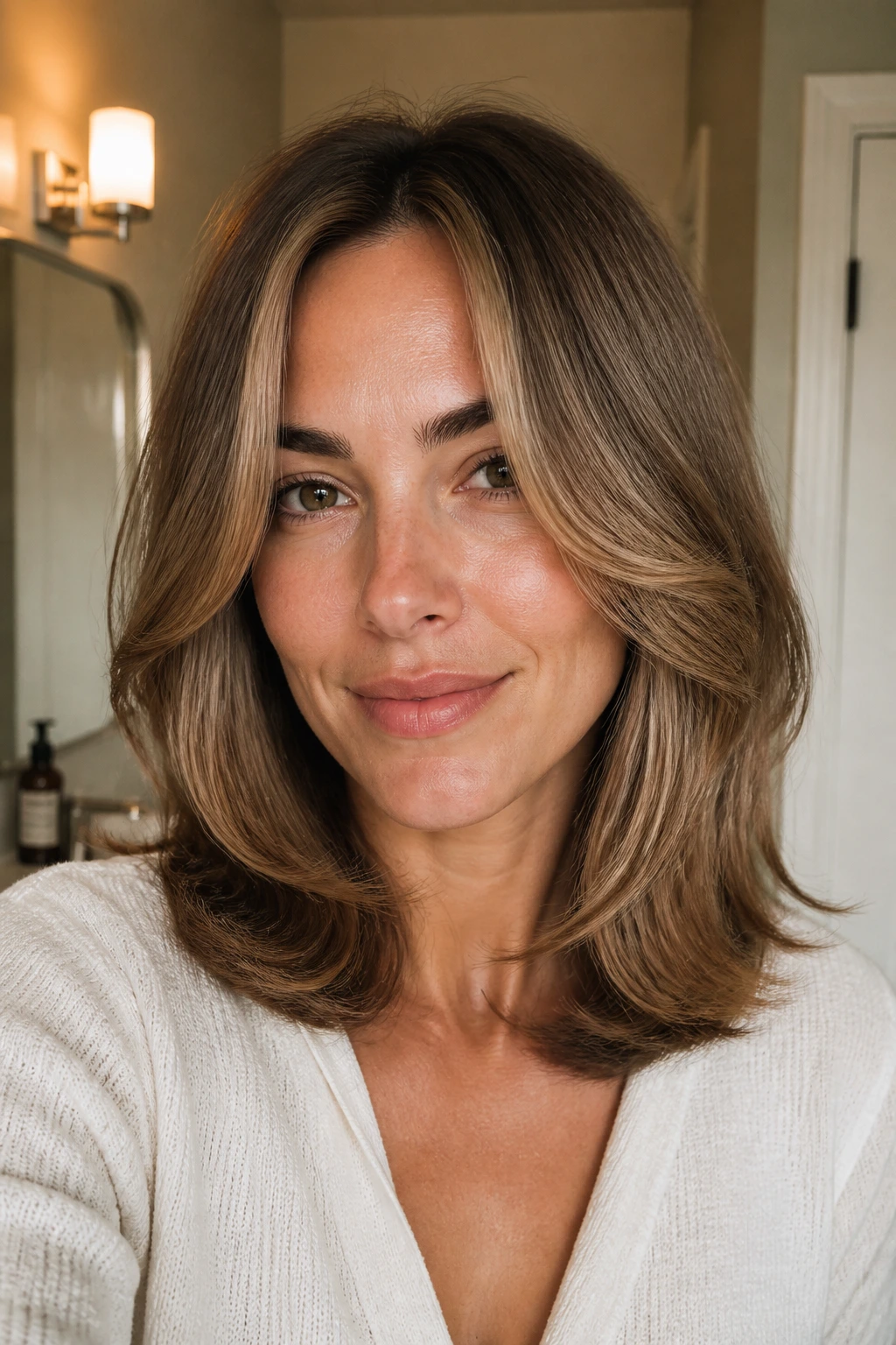Close-up portrait of a real woman with a shoulder-length soft curtain blowout and middle part