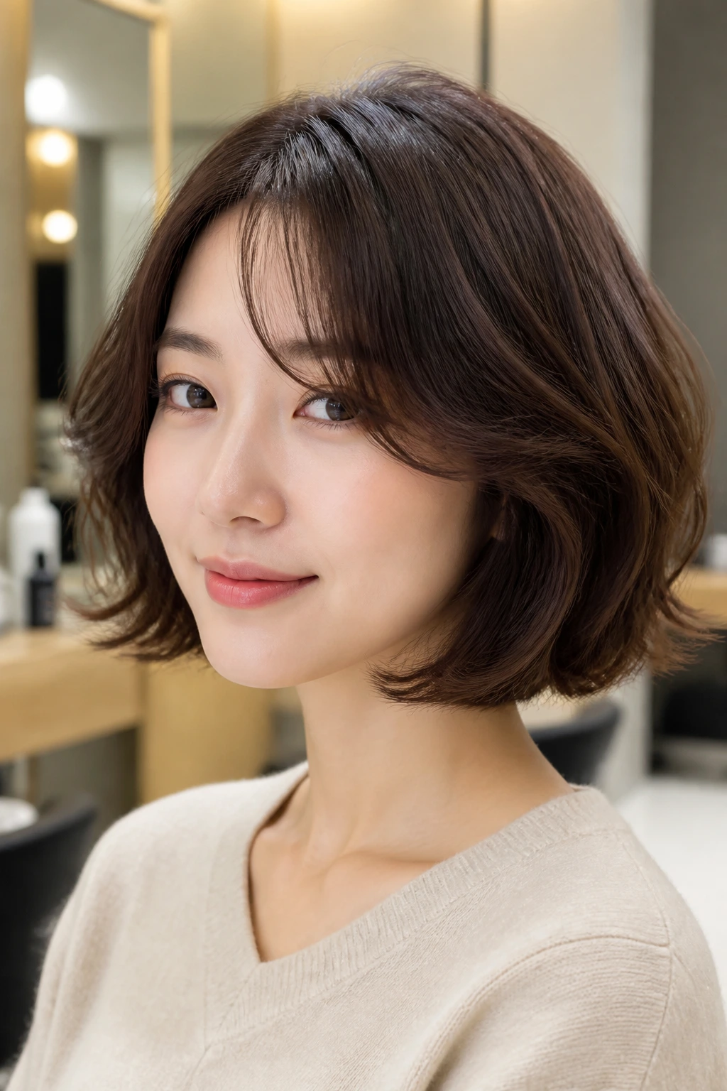 Real woman with soft curtain layer bob, jaw-length with curtain bangs.