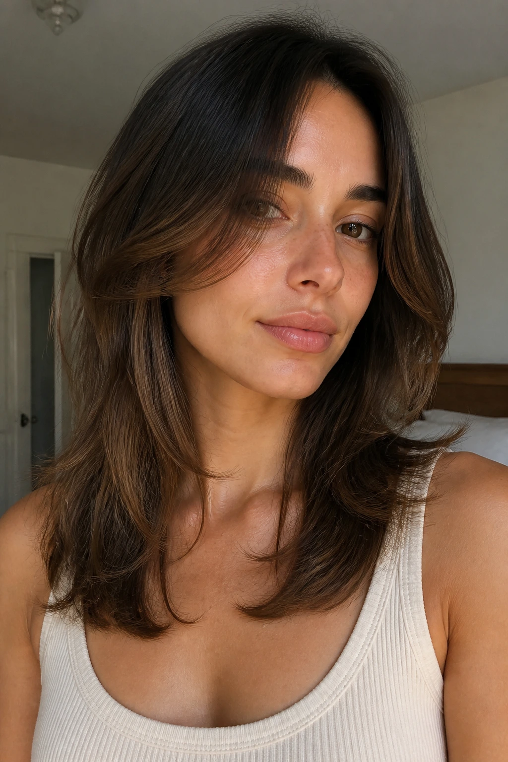 Close-up of collarbone-length feathering on a real person