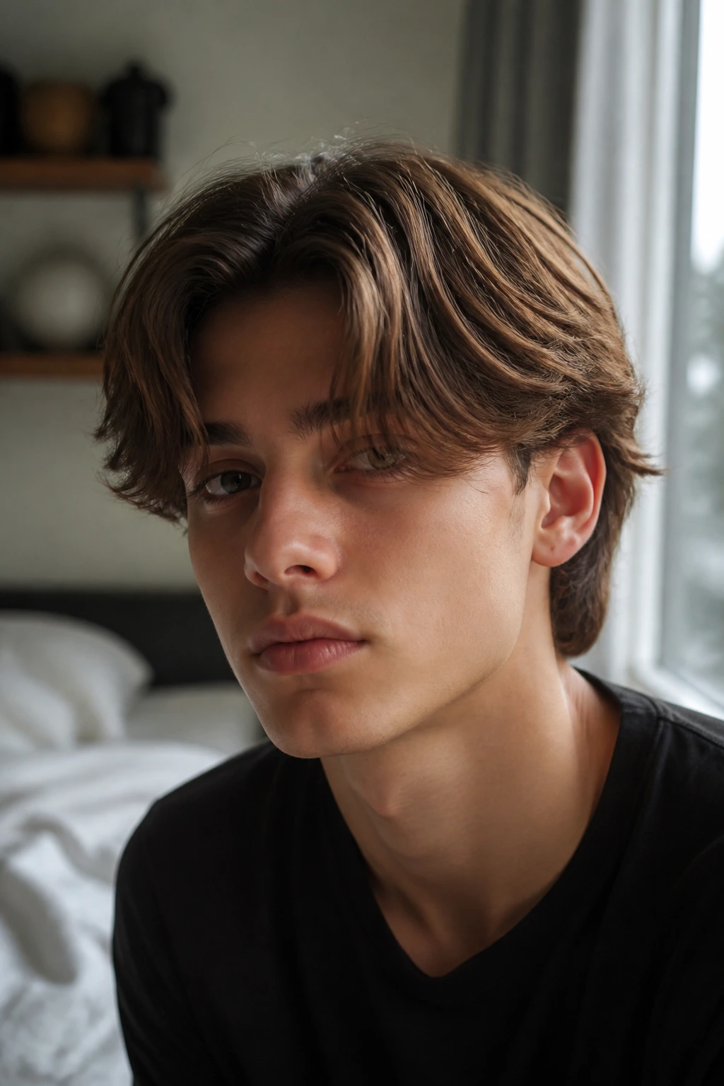 Medium close-up of a real boy with soft curtain flow hairstyle