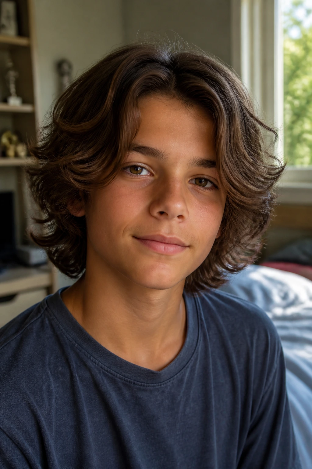 Boy with long wavy hair styled in soft curtain flow portrait