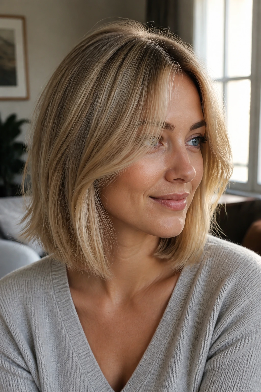 Close-up portrait of a real woman with curtain fringe and lob in warm window light