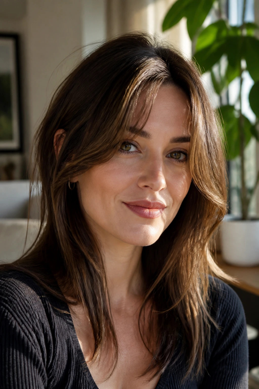 Close-up of a person with off-center curtain fringe in a sunlit room