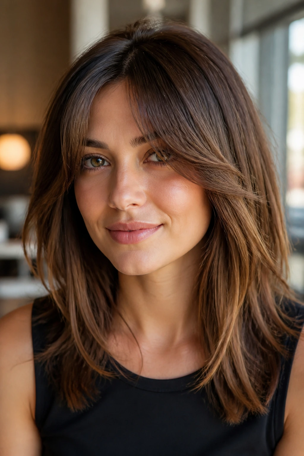Portrait of a woman with Soft Curtain Hybrid fringe variation