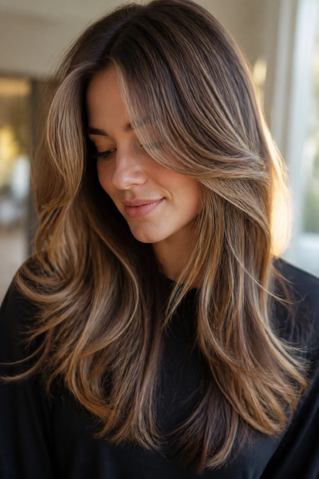 Woman with soft curtain layers framing cheeks in natural light