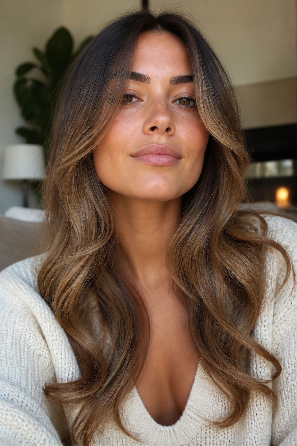 Close-up of long hair with curtain layers and soft waves