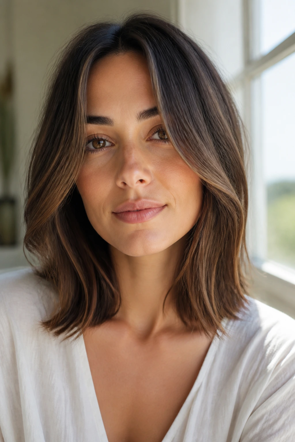 Close-up of woman with soft curtain lob framing the face.