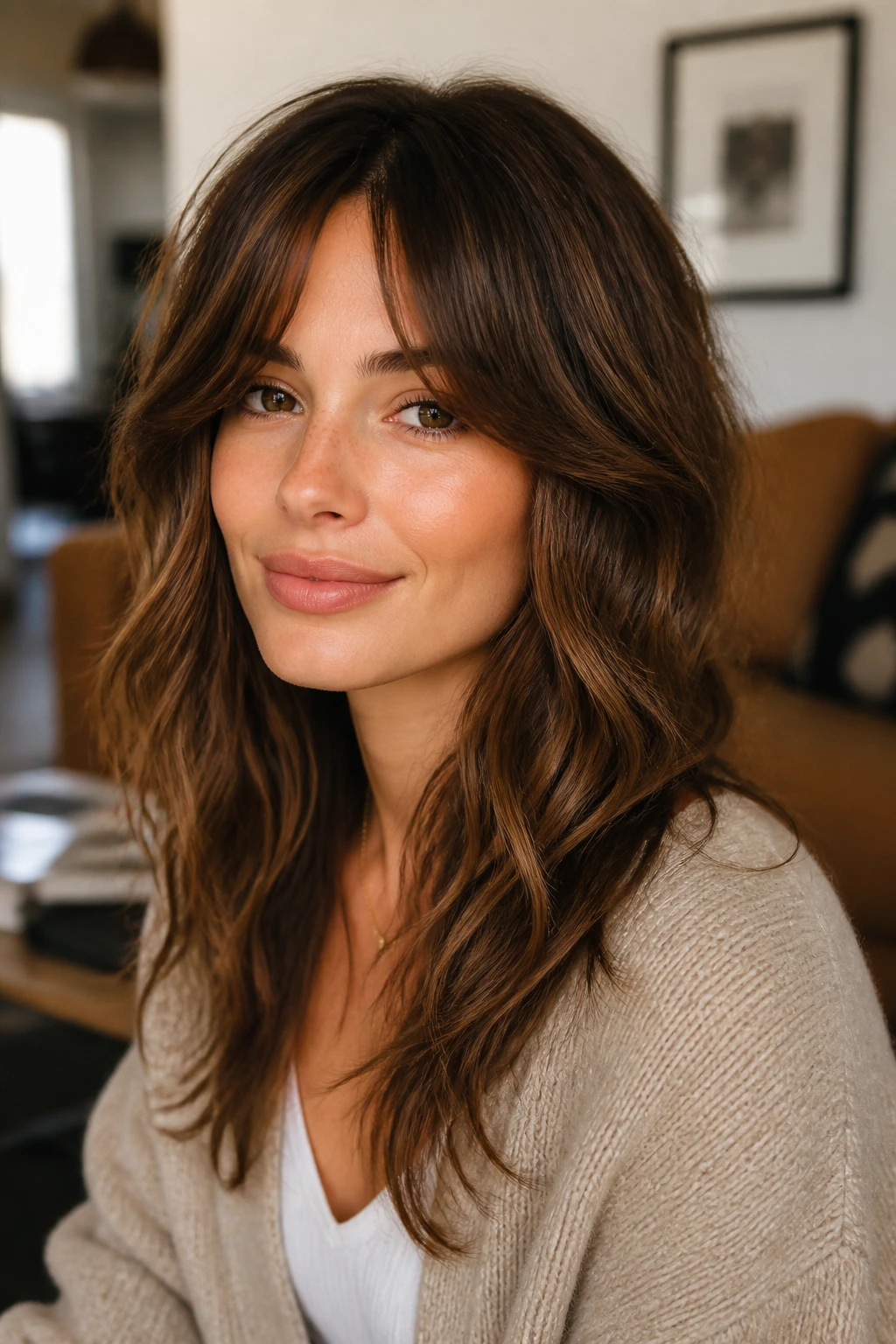 Medium close-up of a real person with long shag showing soft curtain fringe