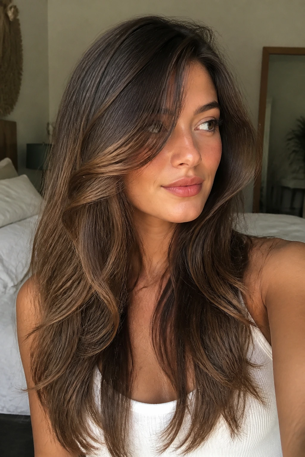 Close-up of a real person with soft curtain side blend front pieces