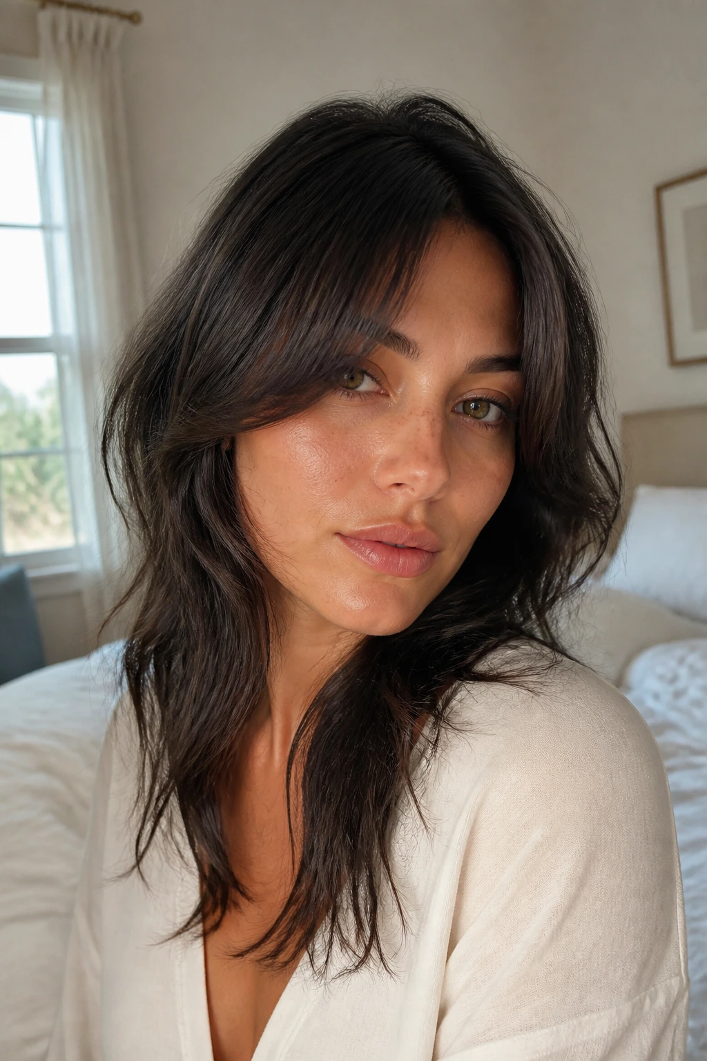 Close-up portrait of a real woman wearing a soft curtain fringe that falls toward the cheeks