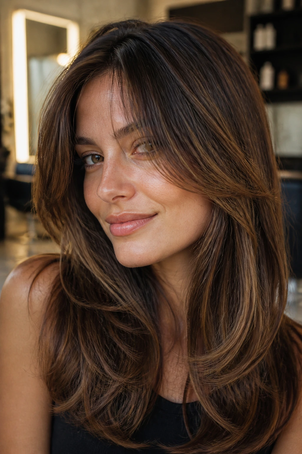 Close-up of a real woman showcasing soft curtain face-framing variation