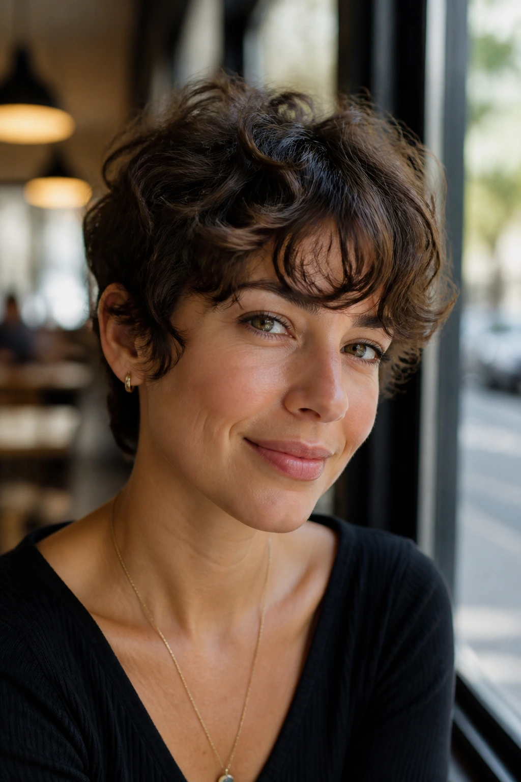 Close-up of a real woman with soft curved bangs long pixie in daylight by a cafe window