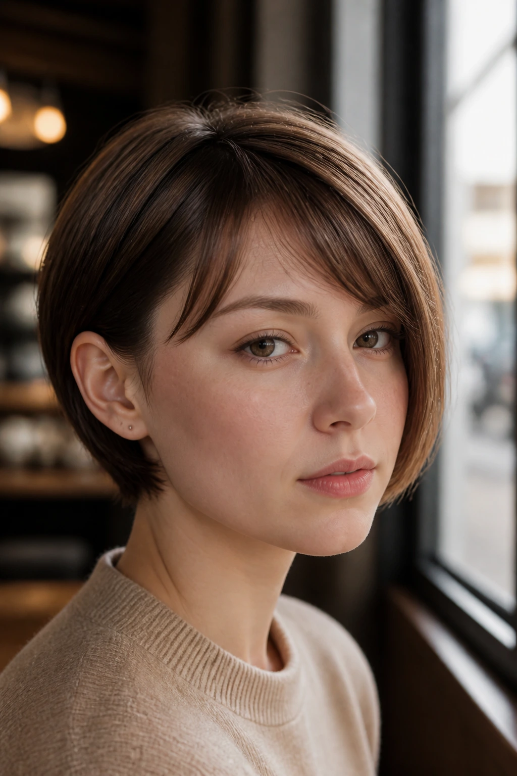 Real woman with soft curved bowl and tucked side hairstyle