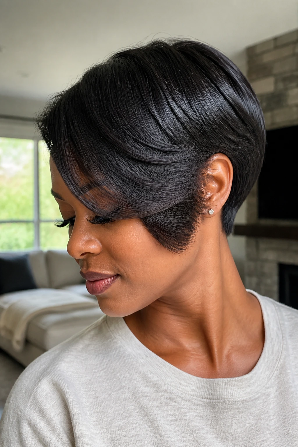 Close-up of a real woman wearing a soft curved two-block bob that hugs the head.